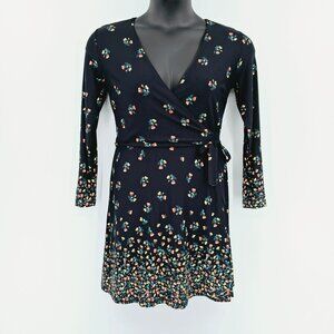Loft Petites True Wrap Dress SP Black Colorful Floral Petaled Long Sleeve New